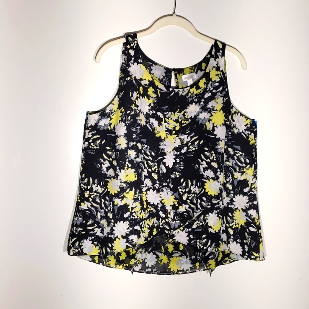 Decree, size Large, Black polyester floral yellow tank top blouse